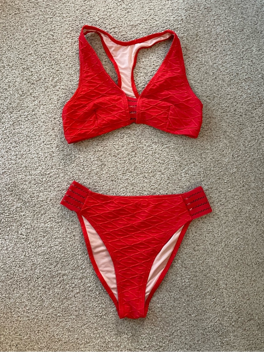 Cupshe red orange textured bikini bralette high leg strappy sides small